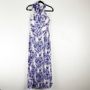 ELIZA J Chiffon Floral Print Halter Tie Pleated Maxi Dress, Size 2